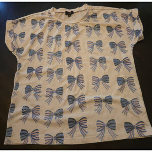 Women's Ontwelfth Americana Short Sleeve Tee with Red Blue Bows Rhinestones